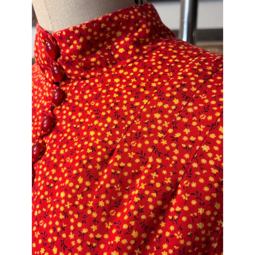 Vintage 70s Prairie Calico floral Print bishop Sleeve Dress Red Yellow - Picture 9 of 10